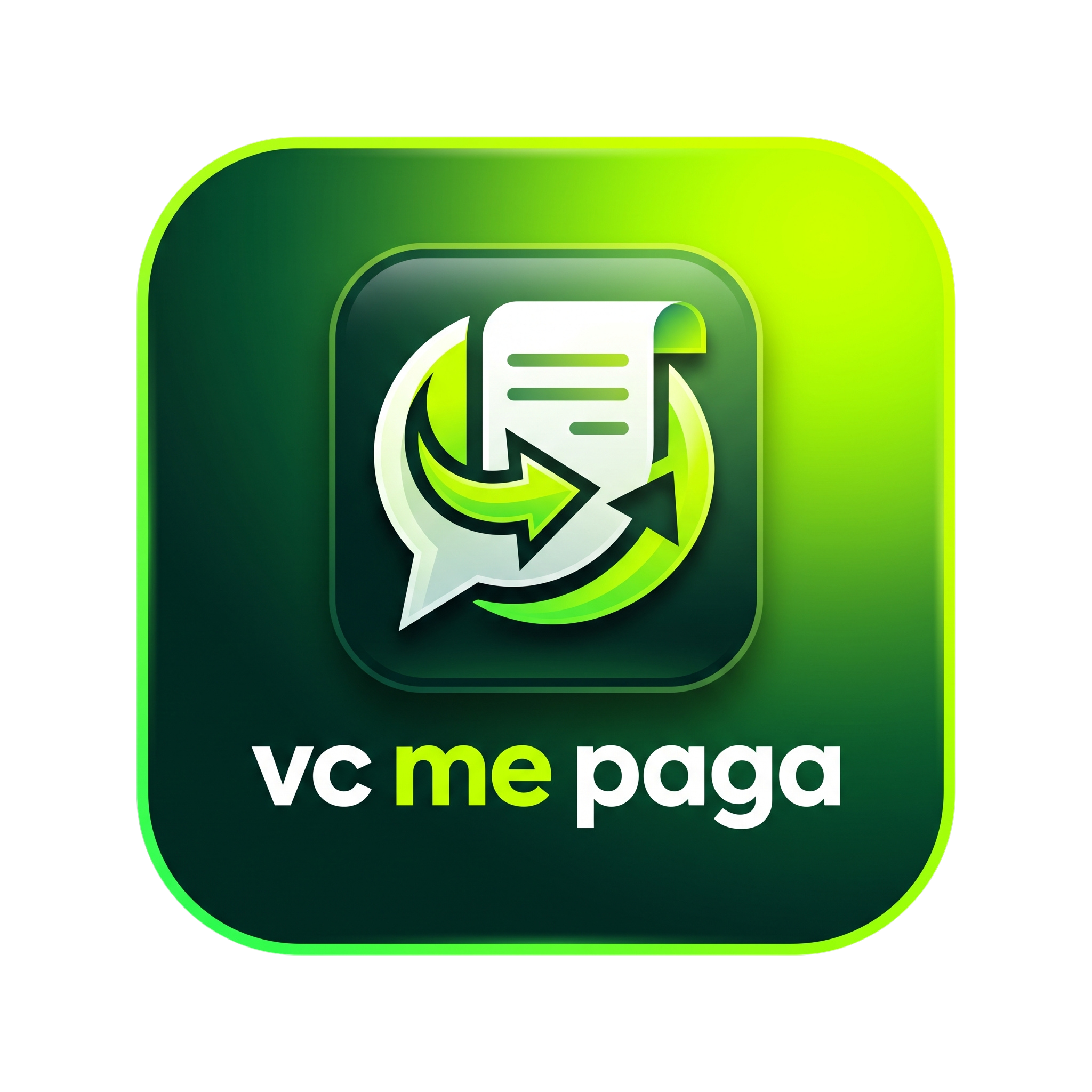 Logo vc me paga: conversa, nota fiscal e setas verdes